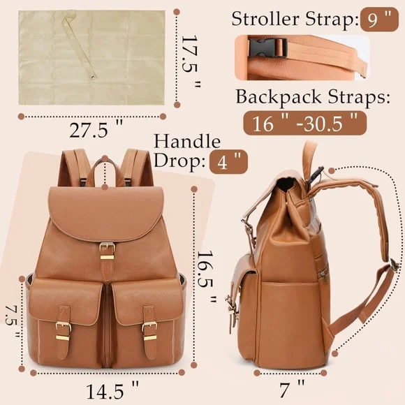New Leather Diaper Backpack Bag with 12 Organizing Pouches,Changing Pad(Brown) - Picture 4 of 14